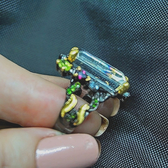 Solid Sterling Silver Clear Quartz + Gemstone Ring - Picture 3 of 7